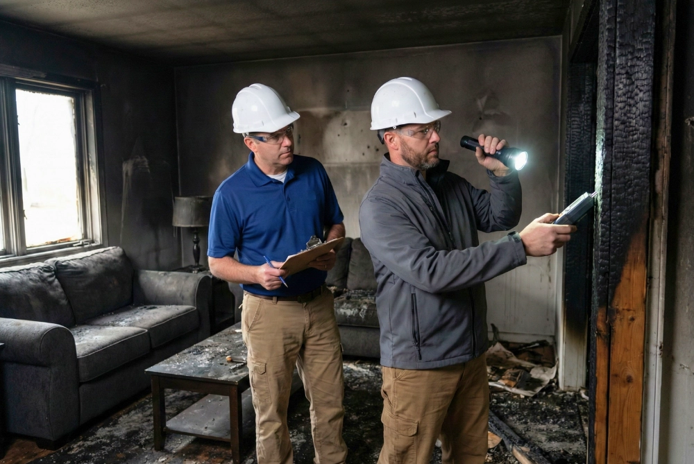 DamageAssessment Insurance adjuster and restoration expert inspecting fire-damaged interior