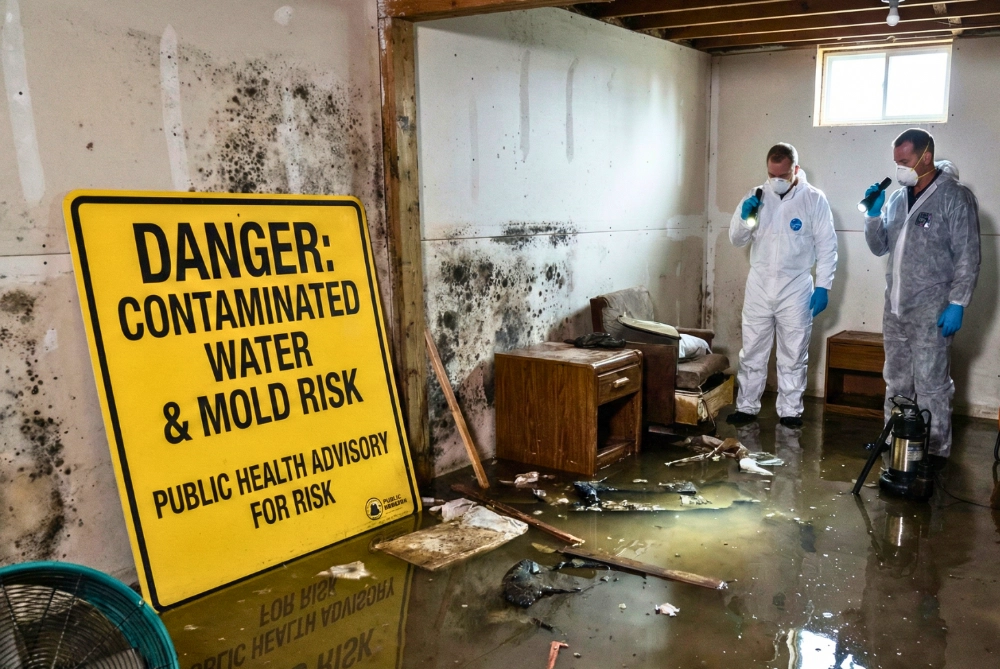 Dangerous Flood-damaged interior with contaminated water