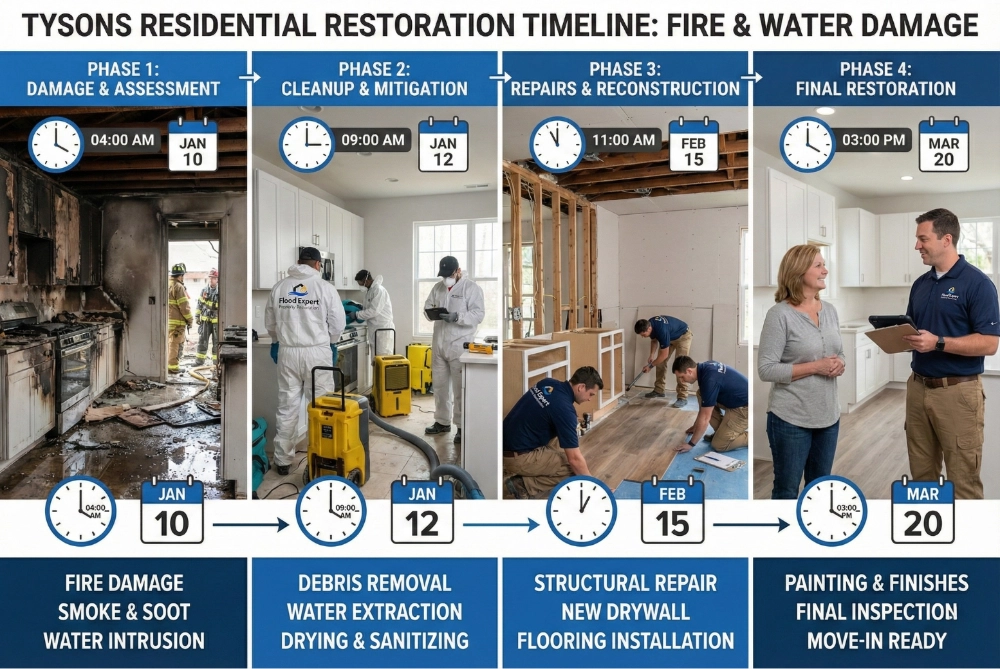 Timelines Visual timeline concept, restoration phases shown inside a Tysons home
