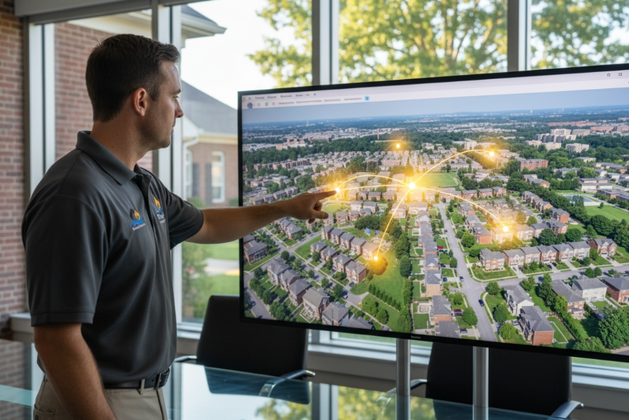 Understanding Expert looking at fairfax map on display