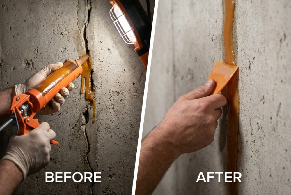 Foundation Cracks Before and after covering the cracks in the house