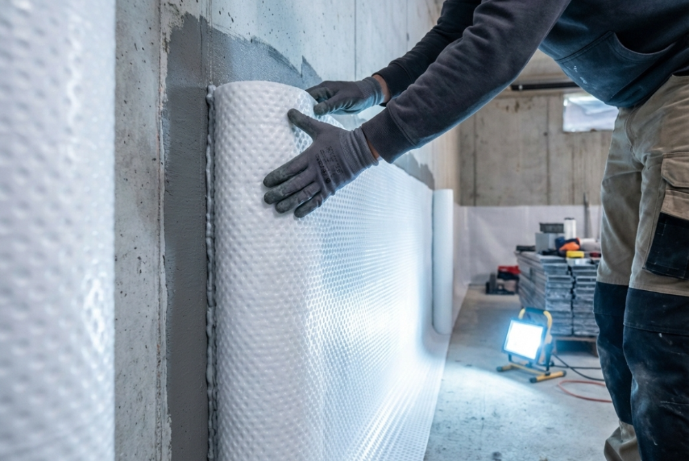 Waterproof Basement A man waterproofing a building wall.